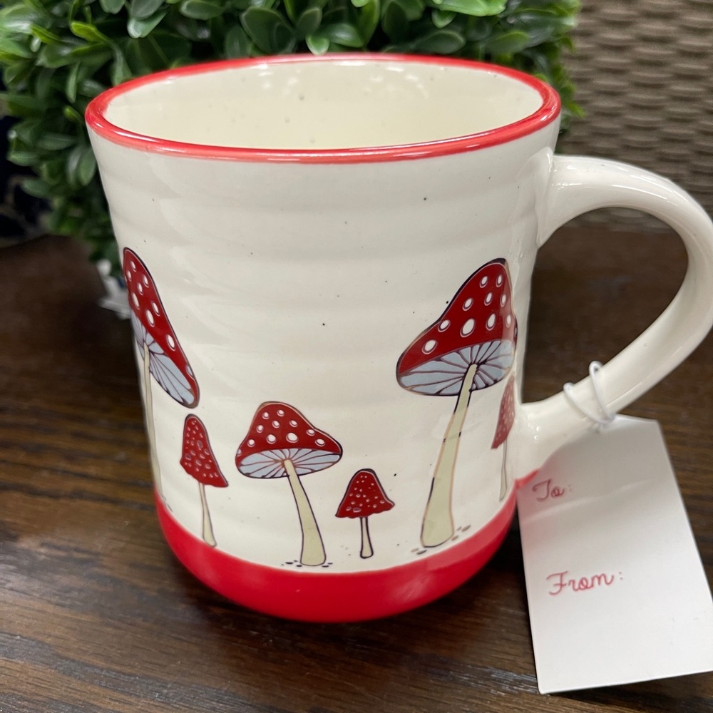 Red Mushroom Metallic Ceramic Handpainted Coffee Mug NWT